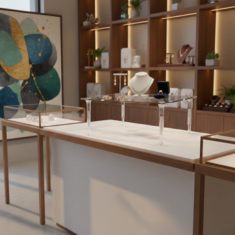 ディスプレイスタンド】伸縮クリアポール角板｜店舗備品・什器・展示