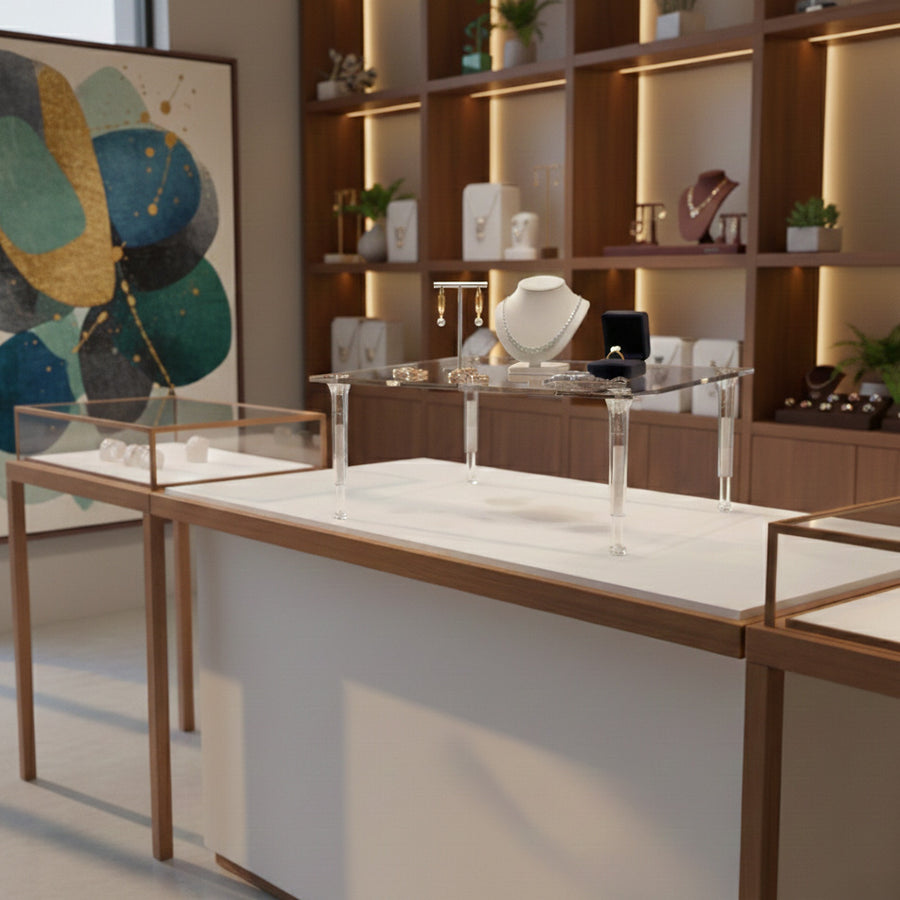 ディスプレイスタンド】伸縮クリアポール角板｜店舗備品・什器・展示